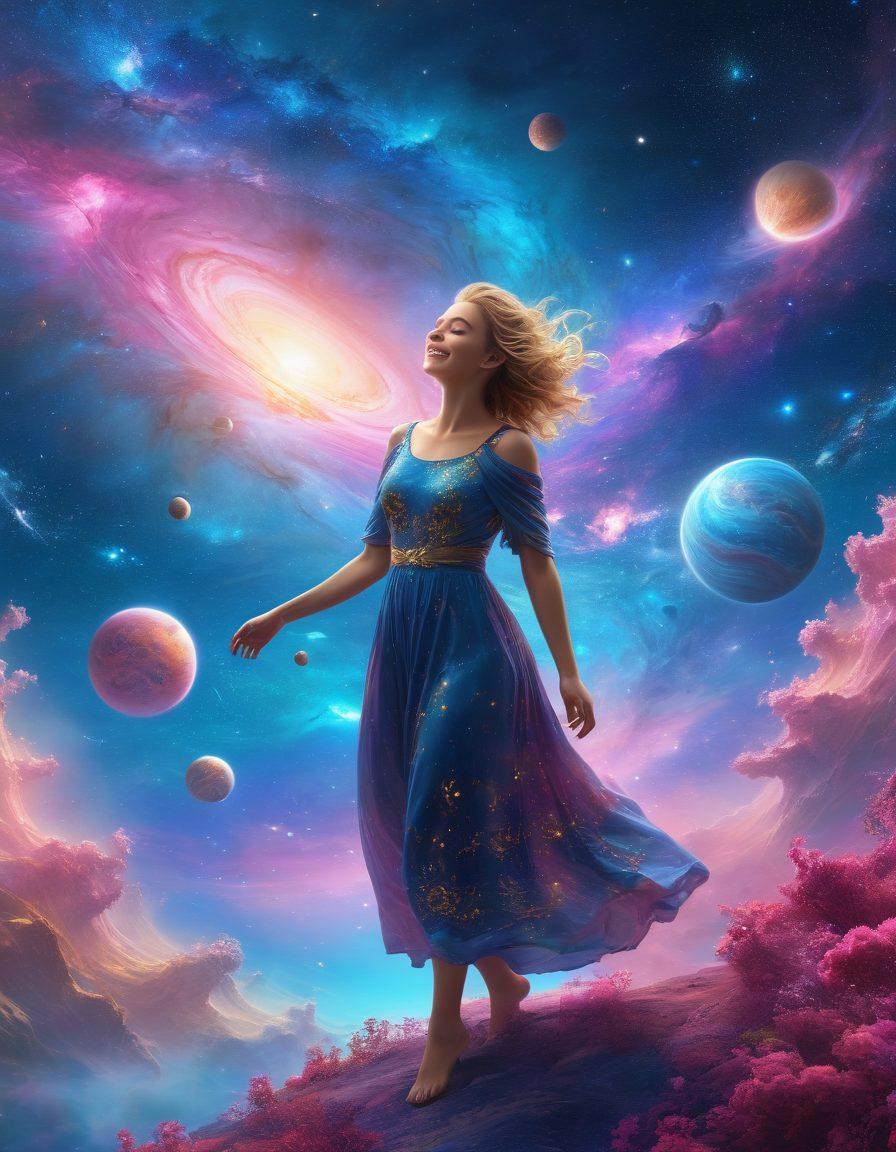 A cosmic landscape with vibrant galaxies and swirling nebulae, featuring a joyful figure floating among the stars, radiating happiness. Bright colors of blue, pink, and gold intertwine to create an ethereal atmosphere. Add whimsical elements like floating planets with smiling faces and beams of light representing blissful energy. A serene and uplifting vibe. super-realistic. vibrant colors. 3D.