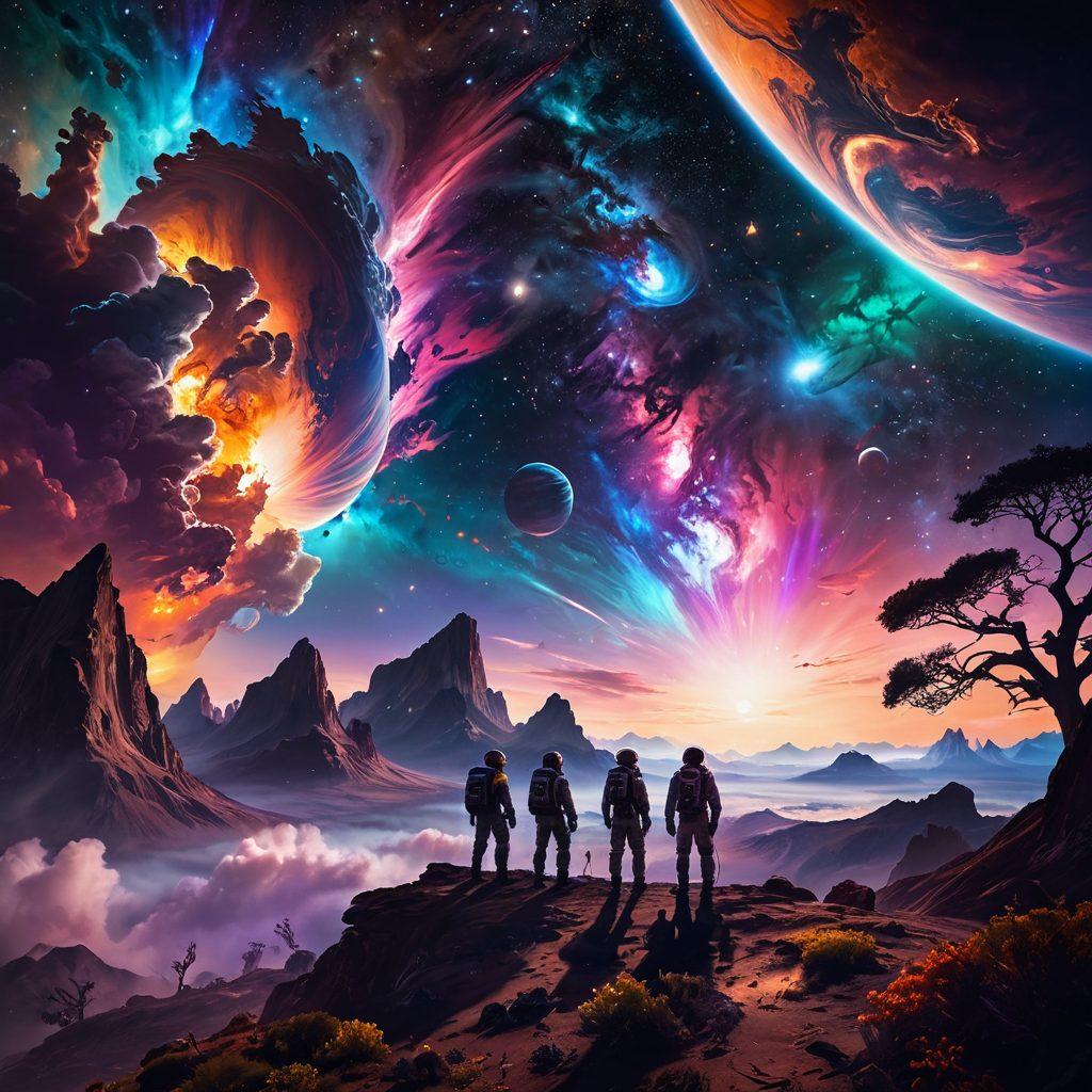 A breathtaking view of a colorful exoplanet, showcasing its unique features like swirling clouds and vibrant landscapes. In the foreground, silhouettes of astronauts looking up in awe, surrounded by twinkling stars and a glowing nebula, symbolizing inspiration and possibility. The overall atmosphere should exude positivity and a sense of adventure in space exploration. super-realistic. vibrant colors. cosmic background.