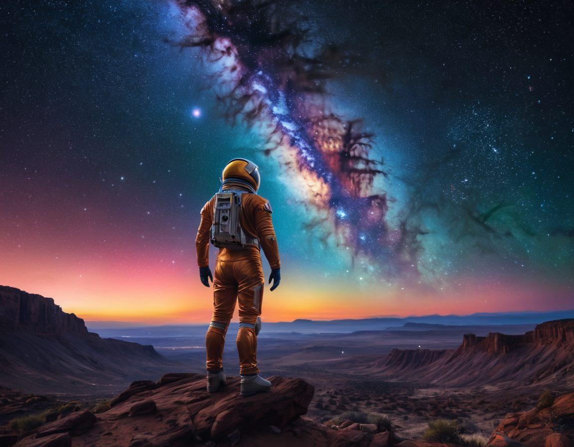A mesmerizing night sky filled with countless stars, swirling galaxies, and vibrant nebulae, showcasing a human figure standing on a distant planet, gazing up in awe. The figure, wearing a luminous space suit, is surrounded by glowing cosmic particles that represent joy and inspiration. The backdrop features a stunning view of the Milky Way stretching across the horizon, evoking a sense of wonder and exploration. cosmic art, vibrant colors, super-realistic.